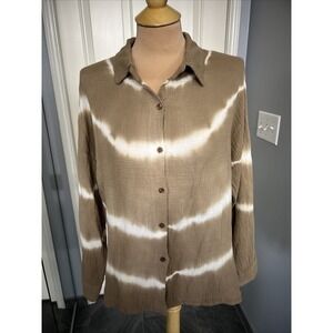 The Porter Collective Women's Size Large Gauze Button Up Shirt Brown & White